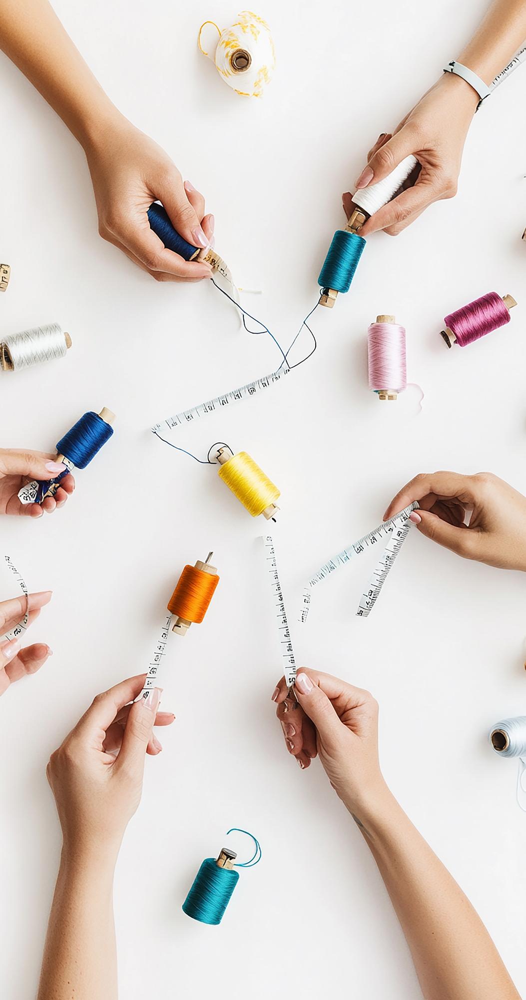 hands arranging embroidery threads and needles
